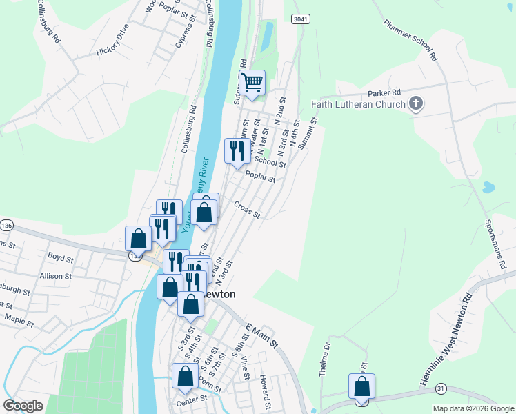 map of restaurants, bars, coffee shops, grocery stores, and more near 172 North 2nd Street in West Newton