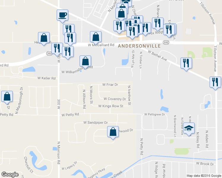 map of restaurants, bars, coffee shops, grocery stores, and more near 4210 W Castleton Ct in Muncie