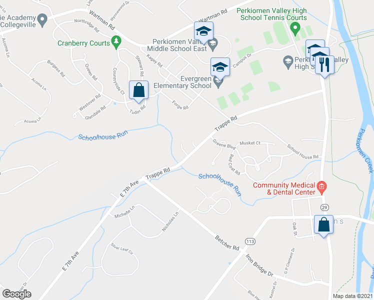 map of restaurants, bars, coffee shops, grocery stores, and more near 102 Adams Lane in Collegeville