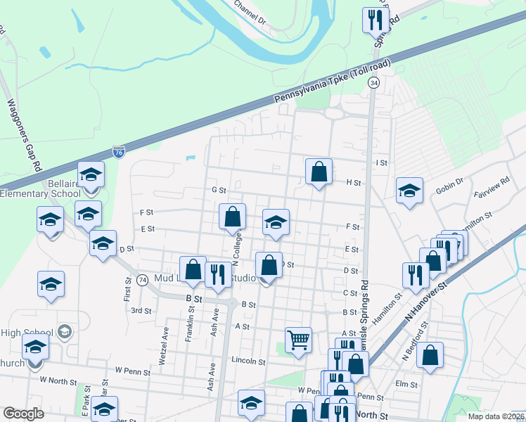 map of restaurants, bars, coffee shops, grocery stores, and more near 937 Factory Street in Carlisle