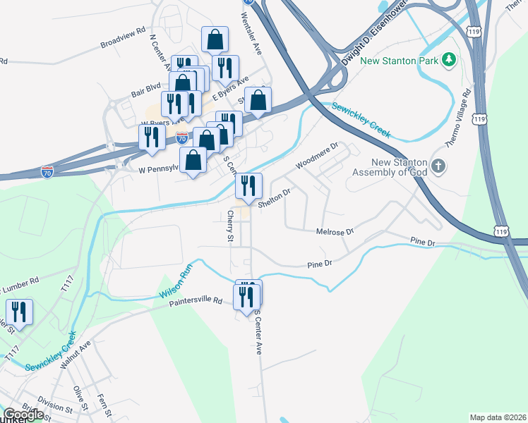 map of restaurants, bars, coffee shops, grocery stores, and more near 413 South Center Avenue in New Stanton