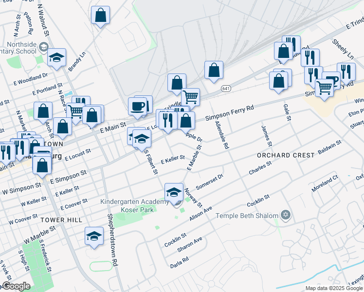 map of restaurants, bars, coffee shops, grocery stores, and more near 606 Robert Street in Mechanicsburg