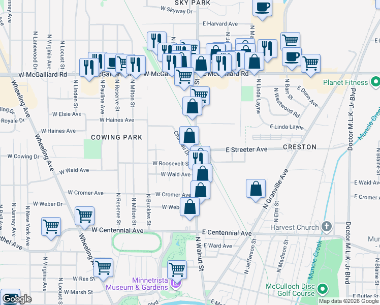 map of restaurants, bars, coffee shops, grocery stores, and more near 2501 North Walnut Street in Muncie