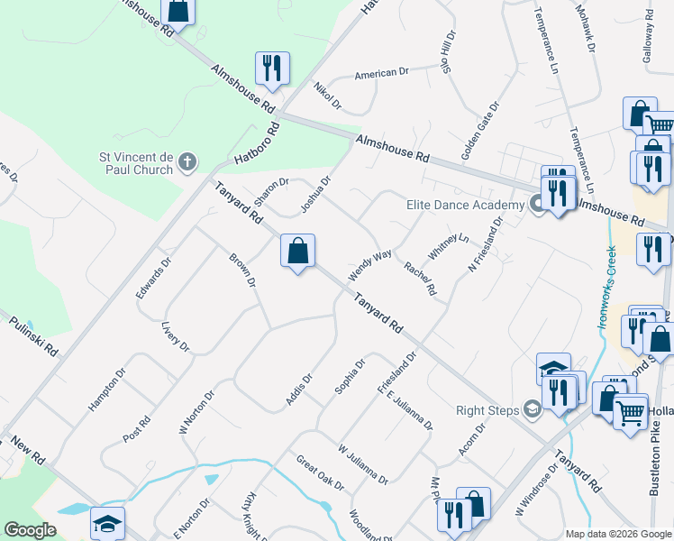 map of restaurants, bars, coffee shops, grocery stores, and more near 276 Tanyard Road in Richboro
