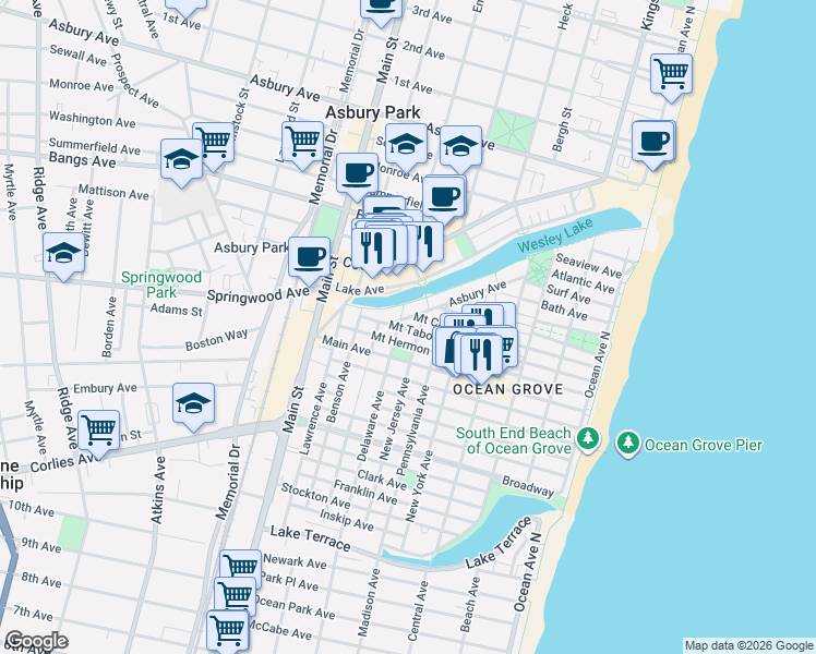 map of restaurants, bars, coffee shops, grocery stores, and more near 38 New Jersey Avenue in Monmouth County