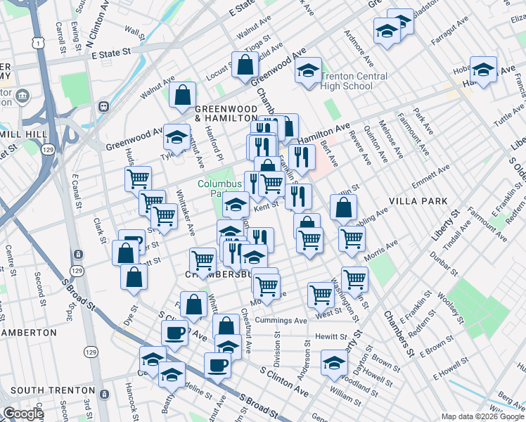map of restaurants, bars, coffee shops, grocery stores, and more near 122 1/2 Division Street in Trenton