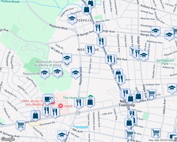 map of restaurants, bars, coffee shops, grocery stores, and more near 2101 Bradley Avenue in Neptune City