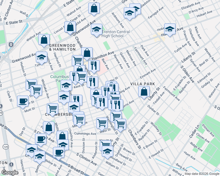 map of restaurants, bars, coffee shops, grocery stores, and more near 799 Chambers Street in Trenton
