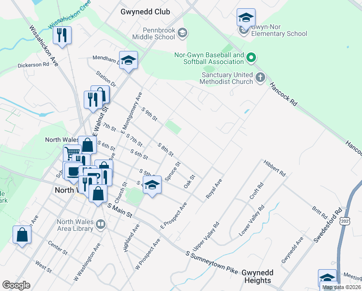 map of restaurants, bars, coffee shops, grocery stores, and more near 803 Spruce Street in North Wales