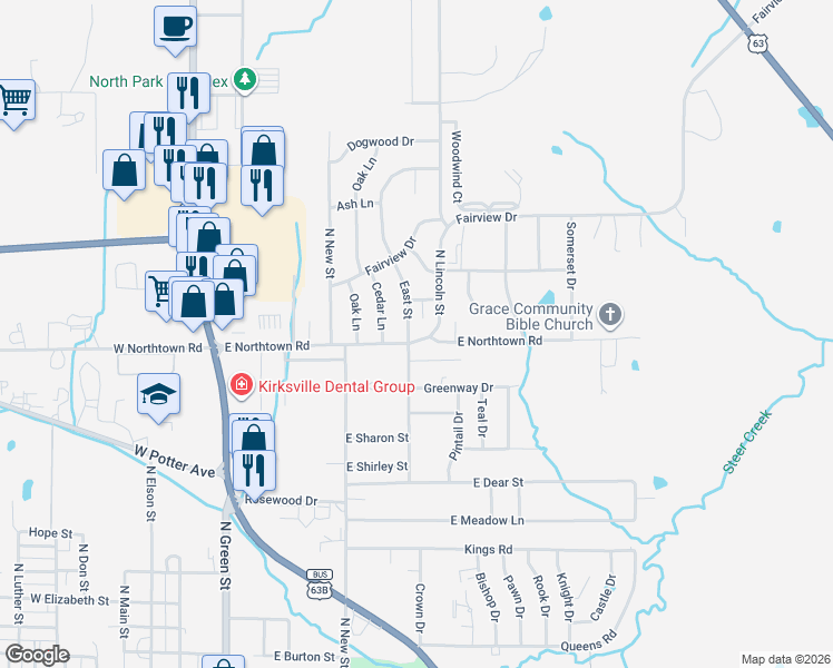 map of restaurants, bars, coffee shops, grocery stores, and more near 904-998 East Northtown Road in Kirksville