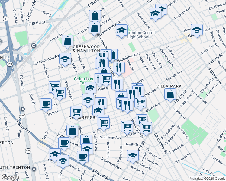 map of restaurants, bars, coffee shops, grocery stores, and more near 128 Anderson Street in Trenton