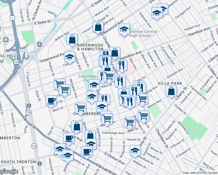map of restaurants, bars, coffee shops, grocery stores, and more near 128 Anderson Street in Trenton