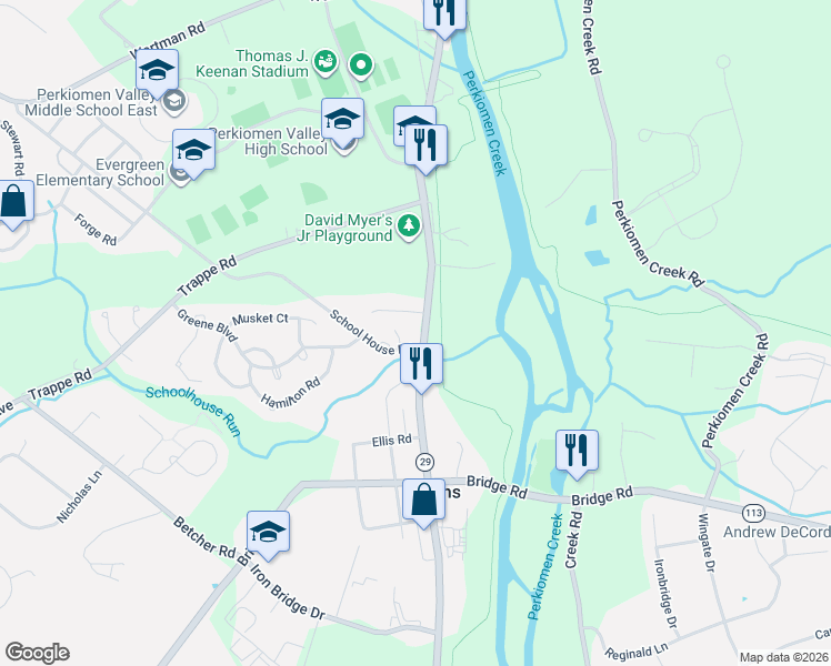 map of restaurants, bars, coffee shops, grocery stores, and more near 401 Gravel Pike in Collegeville