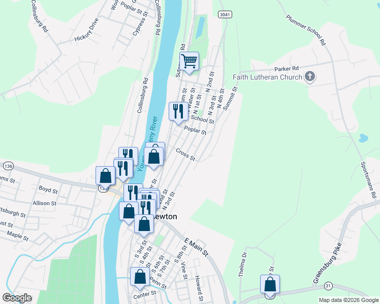map of restaurants, bars, coffee shops, grocery stores, and more near 172 North 2nd Street in West Newton