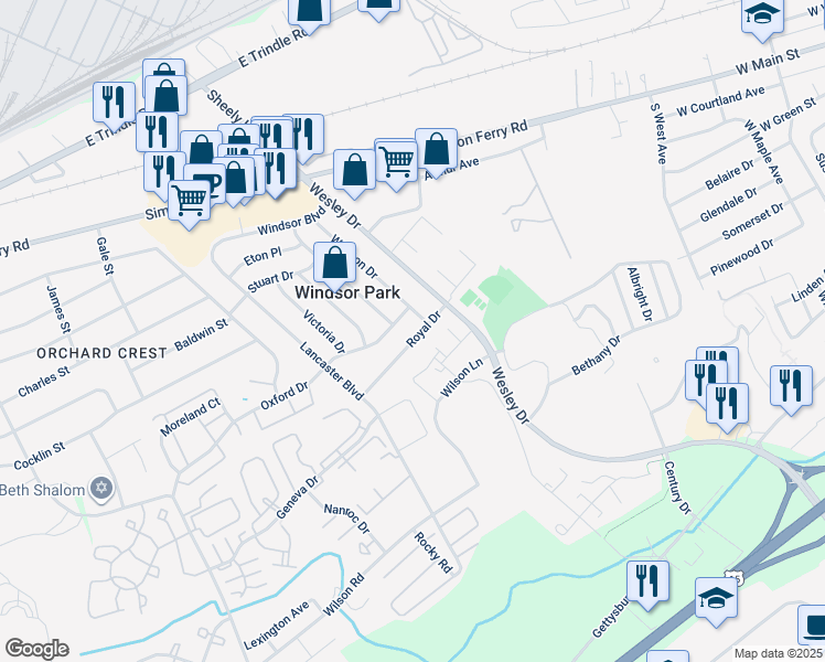map of restaurants, bars, coffee shops, grocery stores, and more near 5207 Royal Drive in Mechanicsburg