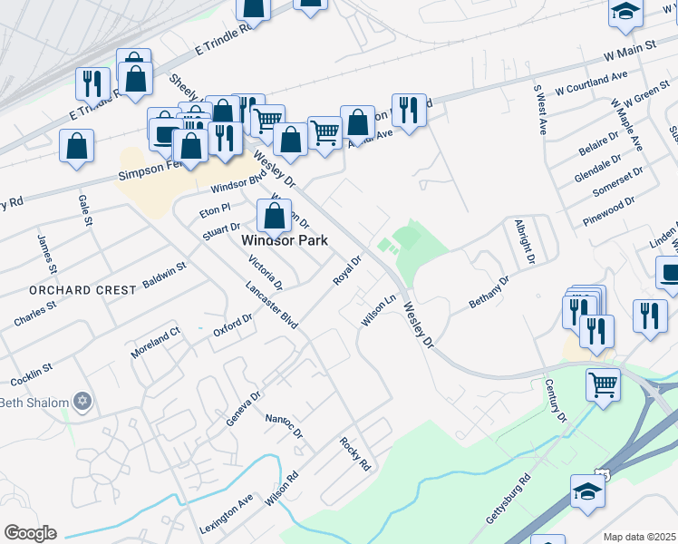 map of restaurants, bars, coffee shops, grocery stores, and more near 5207 Royal Drive in Mechanicsburg