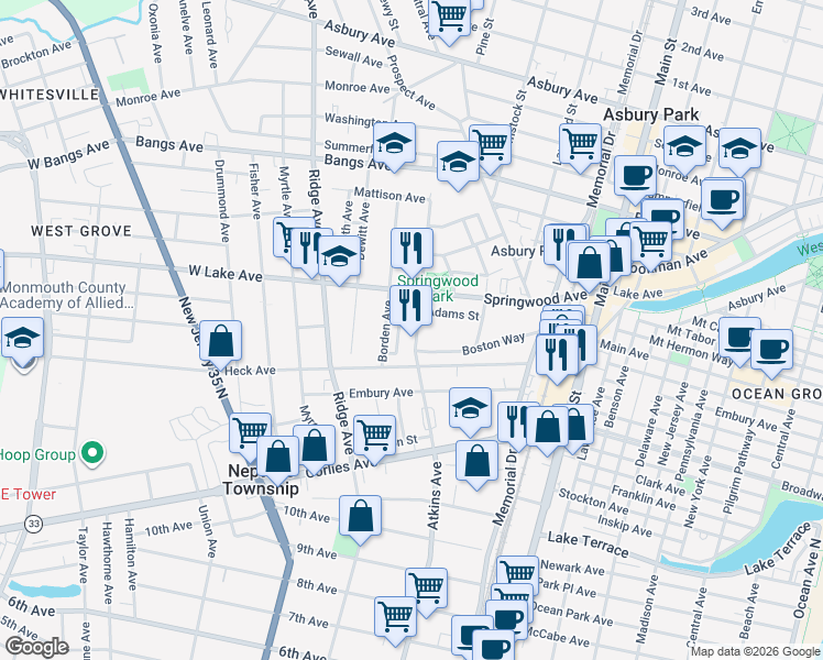 map of restaurants, bars, coffee shops, grocery stores, and more near 307 Boston Way in Neptune City