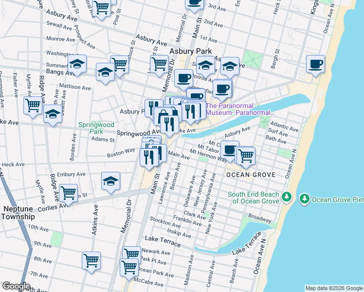 map of restaurants, bars, coffee shops, grocery stores, and more near 143 Main Avenue in Neptune Township