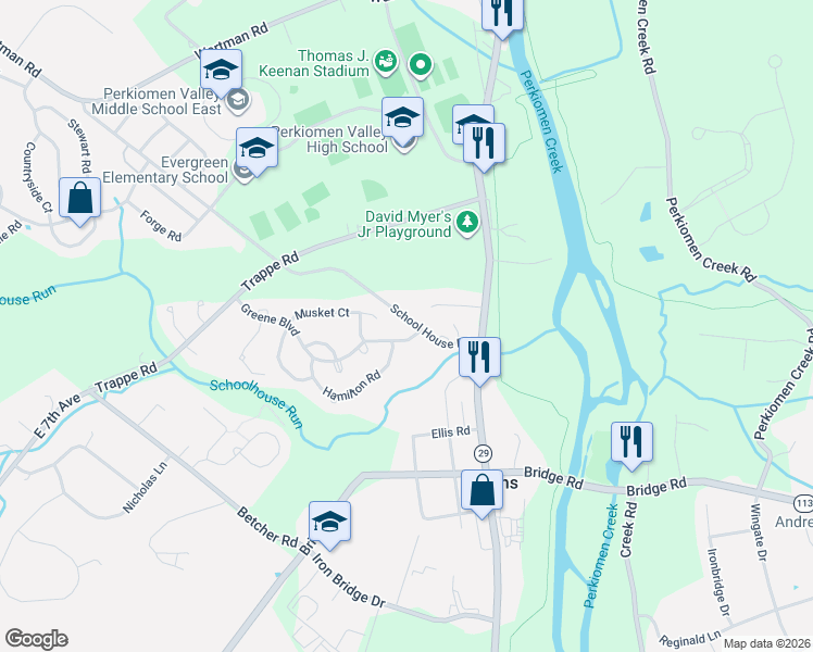 map of restaurants, bars, coffee shops, grocery stores, and more near 15 School House Road in Collegeville