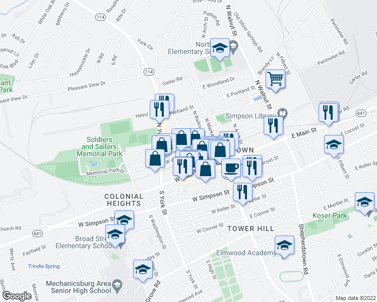 map of restaurants, bars, coffee shops, grocery stores, and more near 50 West Allen Street in Mechanicsburg
