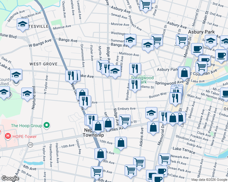map of restaurants, bars, coffee shops, grocery stores, and more near 7 Dewitt Avenue in Asbury Park