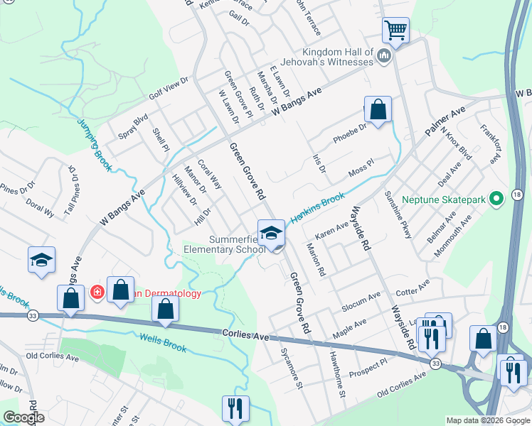 map of restaurants, bars, coffee shops, grocery stores, and more near 3 Brookside Road in Neptune City