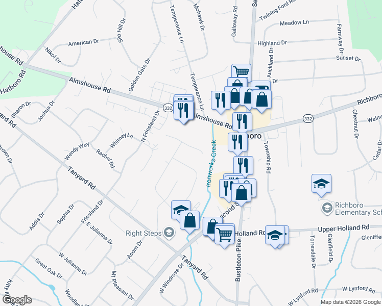 map of restaurants, bars, coffee shops, grocery stores, and more near 161 East Elizabeth Lane in Richboro