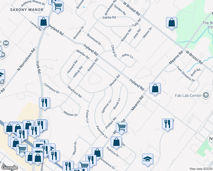 map of restaurants, bars, coffee shops, grocery stores, and more near 997 Marian Road in Warminster