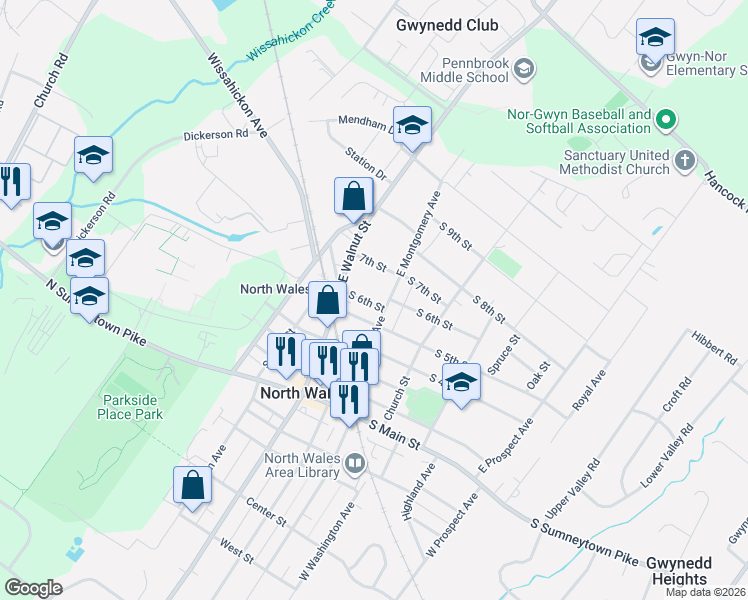 map of restaurants, bars, coffee shops, grocery stores, and more near 513 East Montgomery Avenue in North Wales
