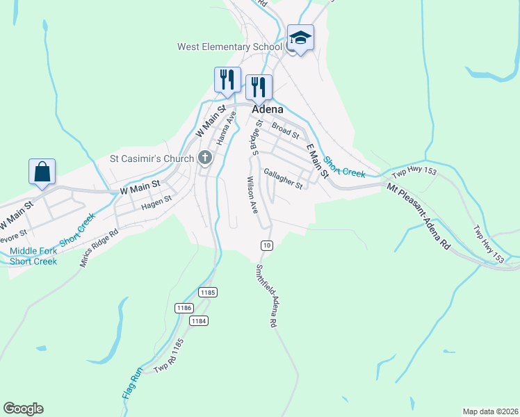 map of restaurants, bars, coffee shops, grocery stores, and more near 149 Wilson Avenue in Adena