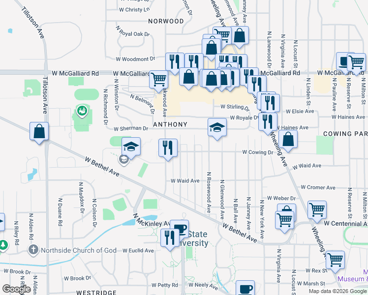 map of restaurants, bars, coffee shops, grocery stores, and more near 2311 North Hollywood Avenue in Muncie