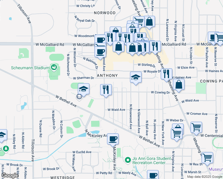 map of restaurants, bars, coffee shops, grocery stores, and more near 2405 North Hollywood Avenue in Muncie