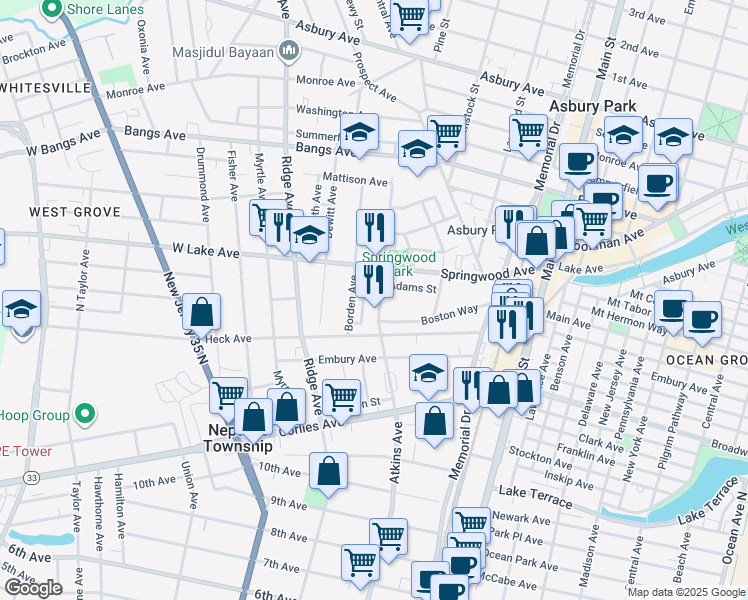 map of restaurants, bars, coffee shops, grocery stores, and more near 307 Boston Way in Neptune City