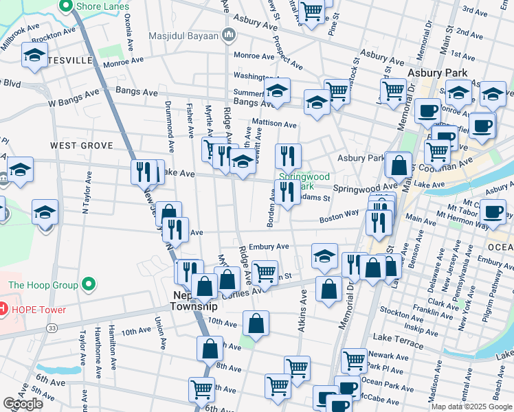 map of restaurants, bars, coffee shops, grocery stores, and more near 7 Dewitt Avenue in Asbury Park