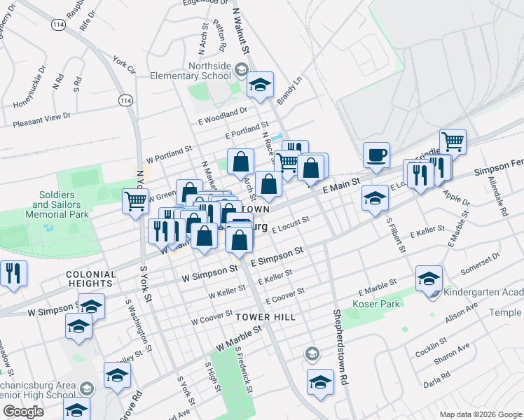 map of restaurants, bars, coffee shops, grocery stores, and more near 15 South Arch Street in Mechanicsburg