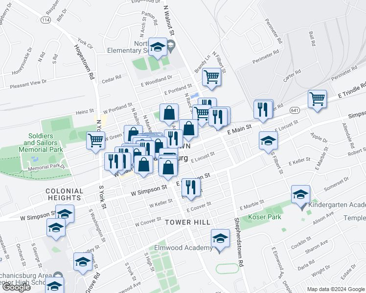 map of restaurants, bars, coffee shops, grocery stores, and more near 15 South Arch Street in Mechanicsburg