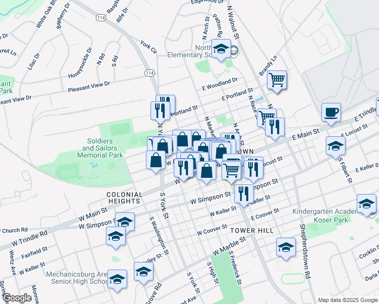 map of restaurants, bars, coffee shops, grocery stores, and more near 133 West Allen Street in Mechanicsburg