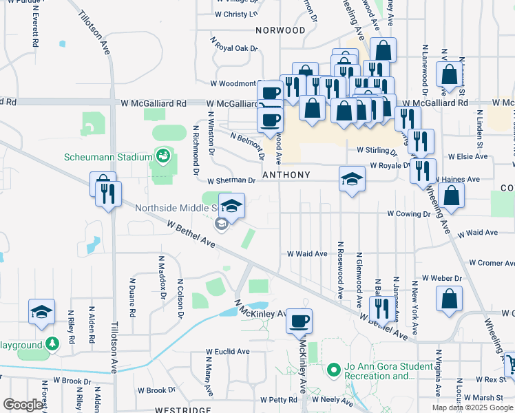 map of restaurants, bars, coffee shops, grocery stores, and more near 2501 North Oakwood Avenue in Muncie
