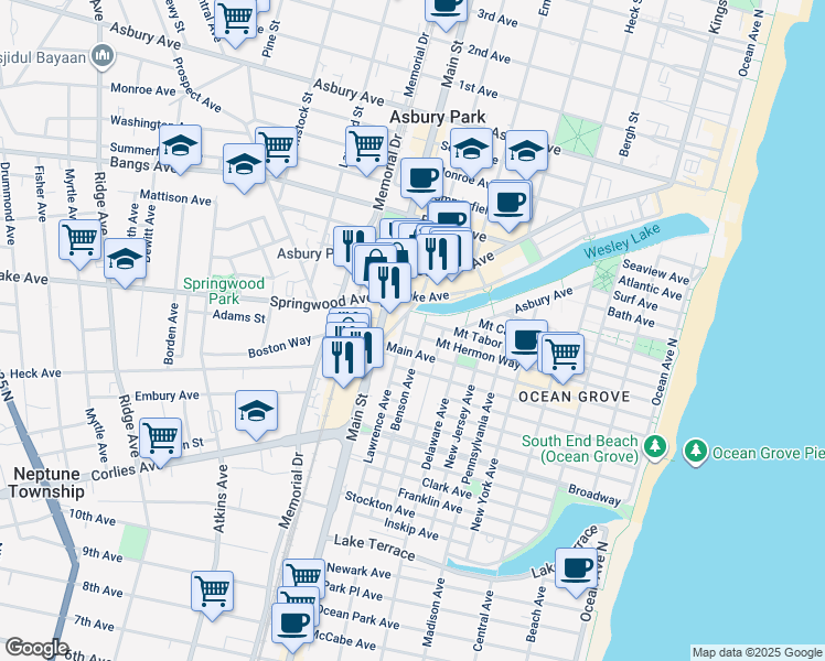 map of restaurants, bars, coffee shops, grocery stores, and more near 143 Main Avenue in Neptune Township