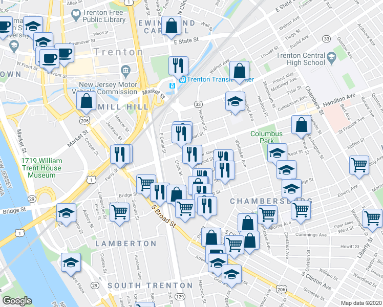 map of restaurants, bars, coffee shops, grocery stores, and more near 209 Hamilton Avenue in Trenton