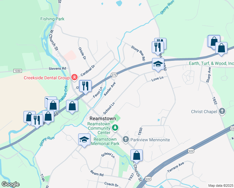 map of restaurants, bars, coffee shops, grocery stores, and more near 72 North Reamstown Road in Stevens