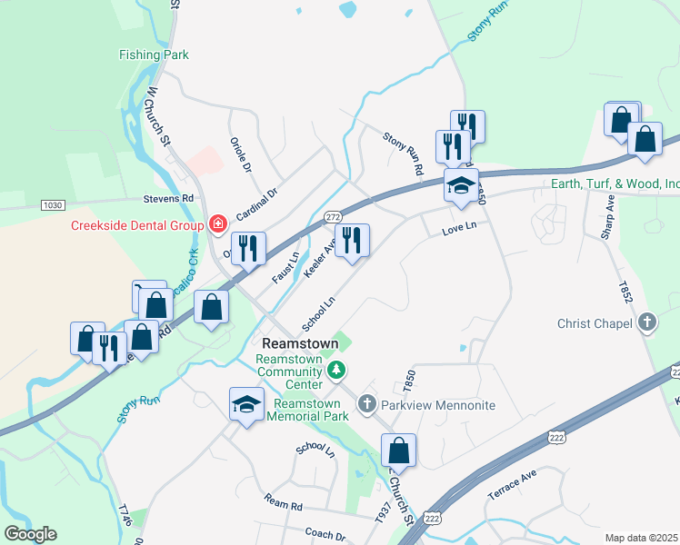 map of restaurants, bars, coffee shops, grocery stores, and more near 72 North Reamstown Road in Stevens
