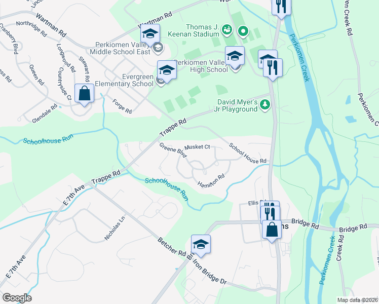 map of restaurants, bars, coffee shops, grocery stores, and more near 700 Bayonet Court in Collegeville