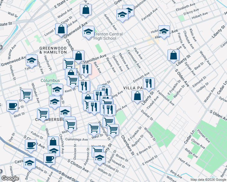 map of restaurants, bars, coffee shops, grocery stores, and more near 340 Bert Avenue in Trenton