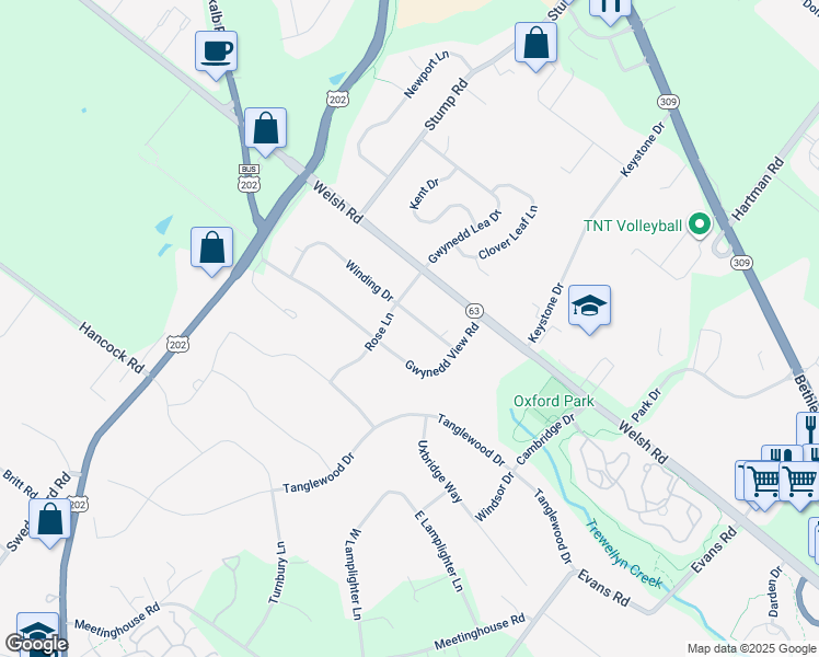 map of restaurants, bars, coffee shops, grocery stores, and more near 1612 Winding Drive in North Wales