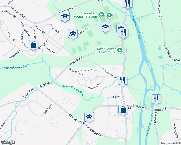 map of restaurants, bars, coffee shops, grocery stores, and more near 712 Bayonet Court in Collegeville