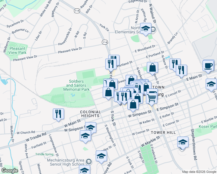 map of restaurants, bars, coffee shops, grocery stores, and more near 316 West Allen Street in Mechanicsburg