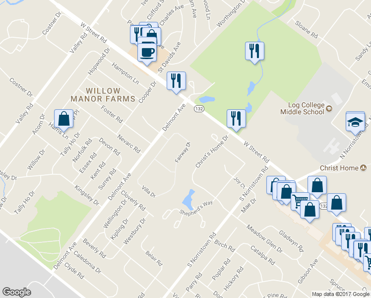 map of restaurants, bars, coffee shops, grocery stores, and more near 130 Fairway Drive in Warminster