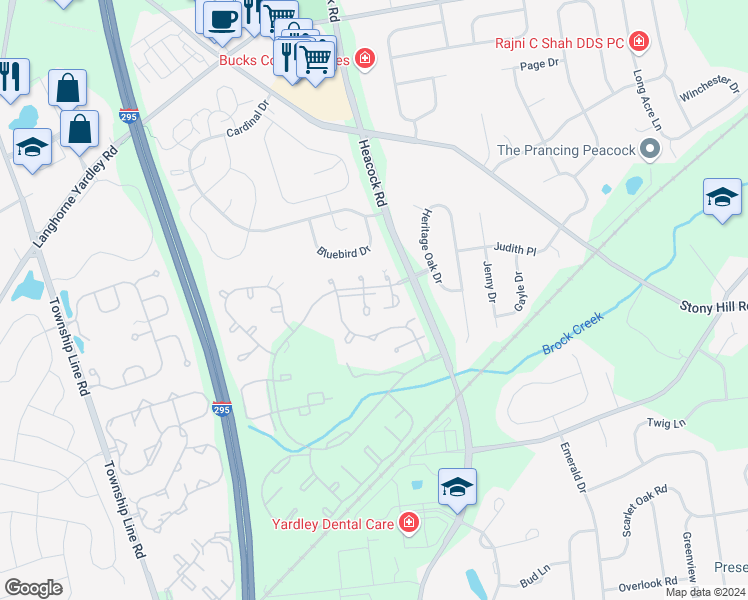 map of restaurants, bars, coffee shops, grocery stores, and more near 1641 Covington Road in Yardley
