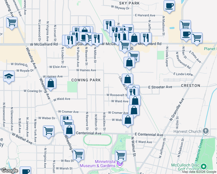 map of restaurants, bars, coffee shops, grocery stores, and more near 2911 North Liberty Street in Muncie